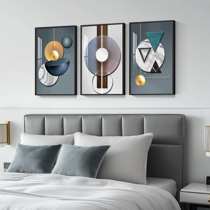 Framed Modern Wall Art for Living Room, 3 Piece Modern Luxury Bright Style Blue Green Paintings Wall Decor, Geometric Prints Artwork with Black Frame for Bedroom, Office,Hallway 16x24 Inch