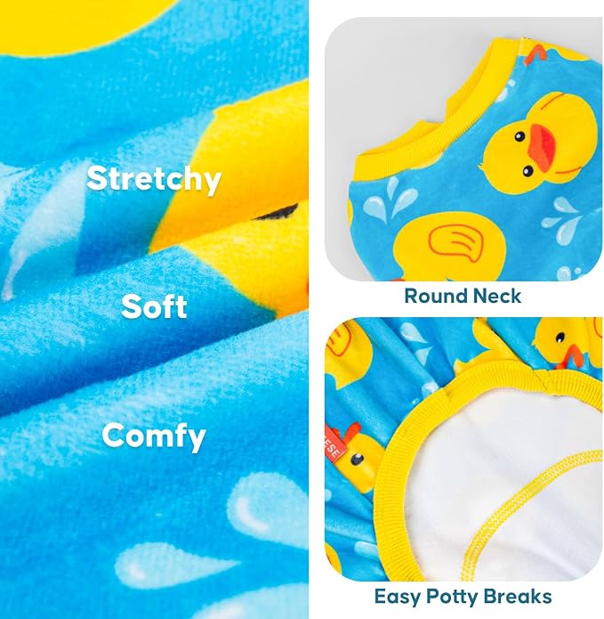 KYEESE Velvet Dog Pajamas for Small Dogs Soft Onesie Shirt, Rubber Duck | 4-Way Stretch, Lightweight & Breathable, Reduces Shedding, Gentle on Sensitive Skin, Recovery Support, Easy Potty Breaks