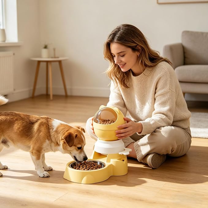 Automatic Gravity Pet Feeder Dispenser,Treat Dispenser with Button for Slow Feeder,Dog Waterer and Food Feeder for Cats Dogs (Yellow)