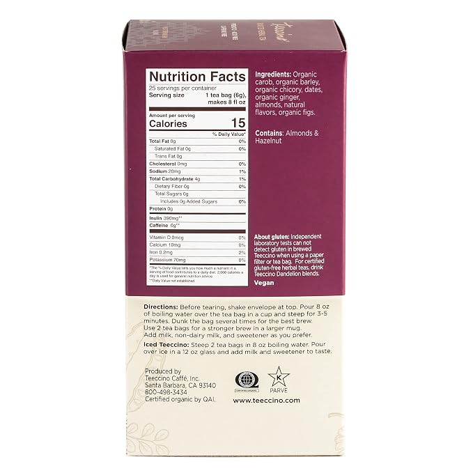 Teeccino Gingerbread Chicory Coffee Alternative - Holiday Dessert Beverage That’s Prebiotic, Caffeine-Free & Acid Free, Medium Roast, 25 Tea Bags