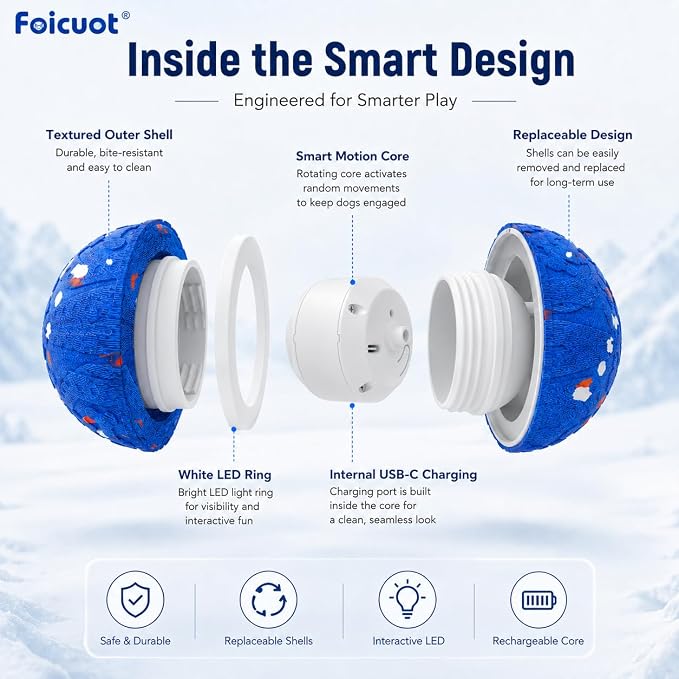 Interactive Dog Ball Toy, 3 Modes, LED, Sound & Vibration, USB-C