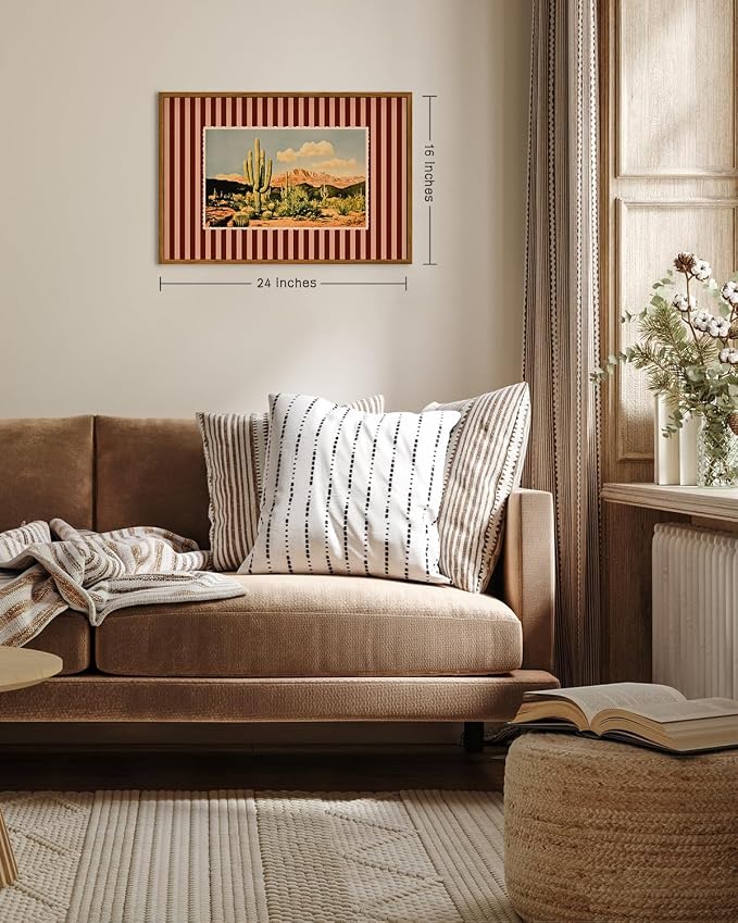 ZZLWBKGL Western Wall Decor Cactus Canvas Art Desert Framed Wall Art | Mid Century Southwestern Artwork Nature Striped Paintings for Living Room Bedroom Study