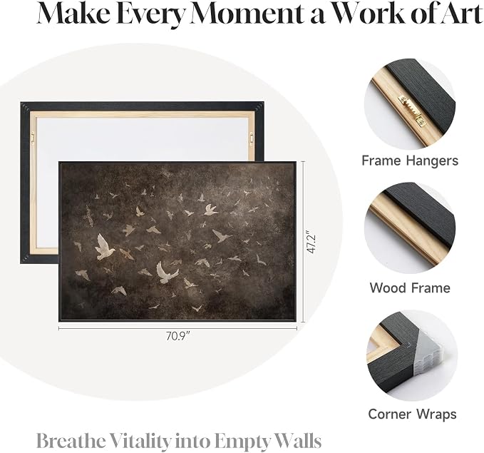 Oversized Framed Vintage Bird Wall Art for Living Room, Extra Large Brown Moody Canvas Prints Artwork for Walls, Horizontal Retro Abstract Painting Picture for Hallway Home Office Wall Decor, 72x48 In