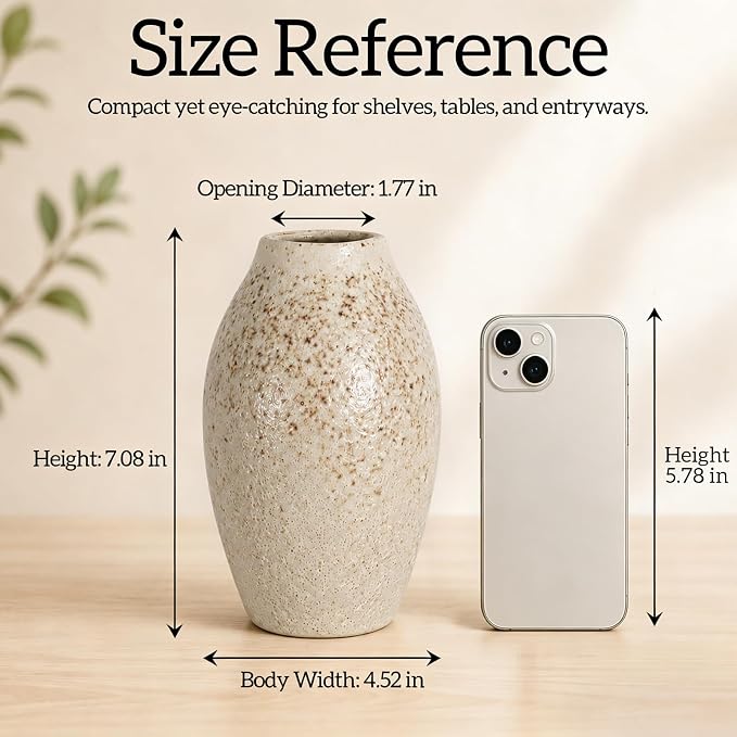 Cream Ceramic Flower Vase Speckled Bubble Glaze Home Decor | 7.08 Inch Rustic Table Vase, Decorative Ornament for Living Room,Office,Wedding,Birthday