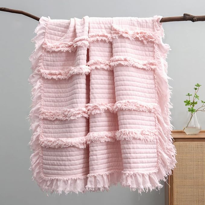 Ultra Soft Pre-Washed Quilted Boho Pink Twin Size Blankets for Bed, Ruffle Fringed Decorative Throw, Stone Washed Chic Rustic Blanket for Sofa Couch Bed, 60"*80"