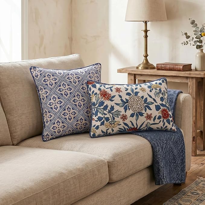 patdrea Designer Vintage Linen Throw Pillow Cover,18"x18"-Ivar C | Decorative Pillow Case,Chinoiserie Blue Floral Print Pillow Cover for Couch Living Room Bedroom Sofa
