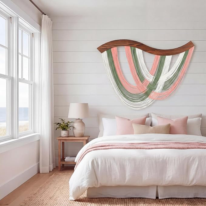 Blush Pink, Sage Green & White Macrame Wall Hanging Dip Dyed Yarn Wall Art | Handmade Cotton Rope Tapestry for Bedroom, Living Room, Nursery, 31.5 x 23.6 Inch