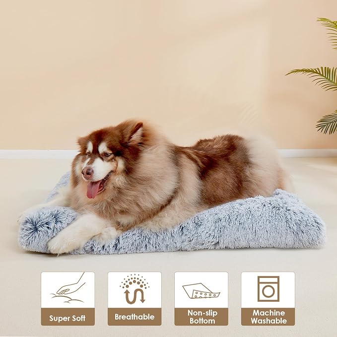 EHEYCIGA Fluffy Dog Crate Bed, Plush Extra Large Plus Dog Pillow, Grey | Xlarge Calming Anti Anxiety Plush Faux Fur Mat for Large size dogs, Washable Soft Warm Plus Dog Pad with Non-Slip Bottom