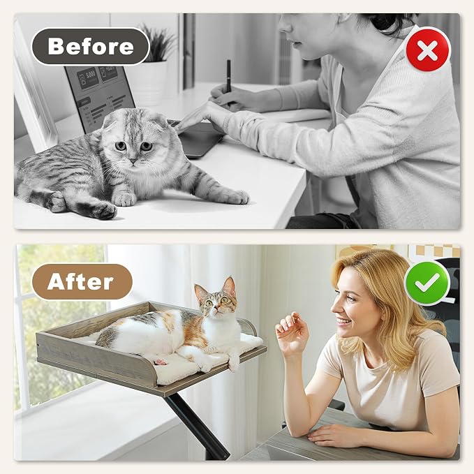 PAWZ Road Cat Desk Bed 360°Rotating Supports to 50 Lbs Cozy Nest for Desk | Wooden Desk Mount Cat Bed with Sturdy Clamp – Fits Desks & Tables, Padded Soft Nest for Cats, Holds Up to 50 lbs