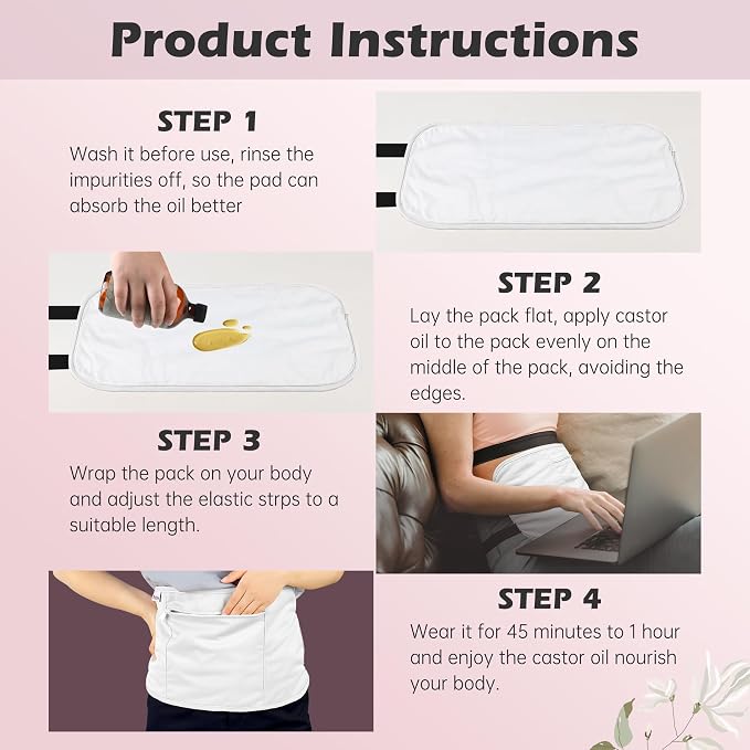Reusable Castor Oil Pack Wrap for Liver Detox, Castor Oil Wrap for Stomach Less Mess, Elastic Strap Organic Cotton Machine Washable Anti Oil Leak 2pcs, White