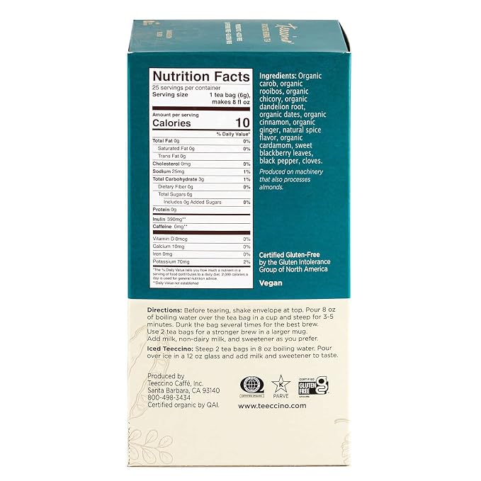Teeccino Dandelion Red Chai Tea - 25 Tea Bags - Caffeine-Free, Roasted Herbal Tea with Prebiotics, 3x More Herbs than Regular Tea Bags, Gluten Free, (Pack of 3)