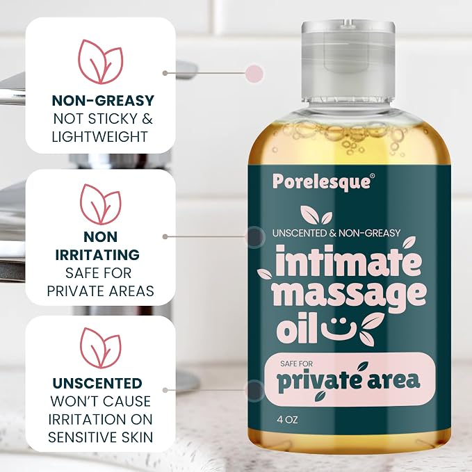 Intimate Massage Oil Safe for Genitals - Unscented Date Night Body Oil for Intimacy - Safe for Private Area and Sensitive Skin, Non Greasy, Non Sticky, Hypoallergenic, Lightweight, 4oz