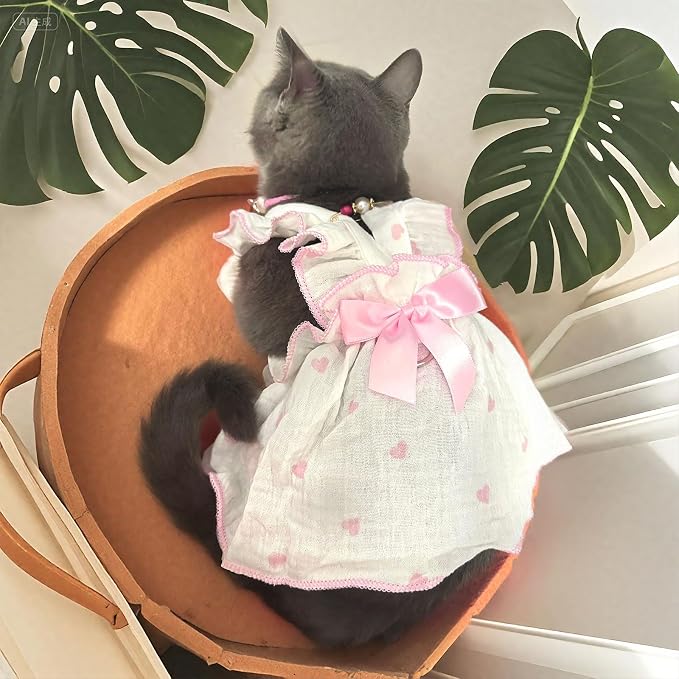 Dog Dresses for Small Dogs Girl Female Dog Cat Clothes Dress Cute Cotton Extra Summer Clothes Bow Decor Printed Love Birthday Outfit Puppy Clothes (Light Pink, X-Small)