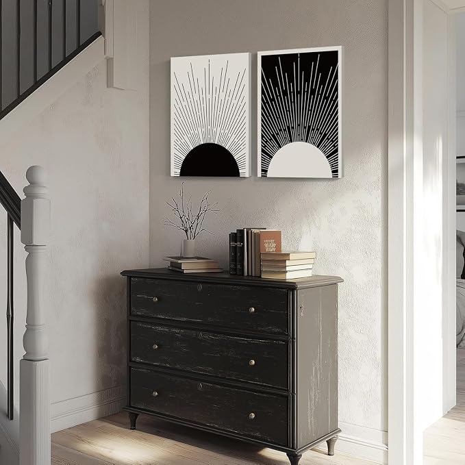 Hwetui Framed Boho Sun Wall Art Set of 2 Black and White Minimalist Sunrise Canvas Prints Abstract Sunshine Painting Geometric Line Pictures Home Decor for Living Room Bedroom Bathroom 16x24in
