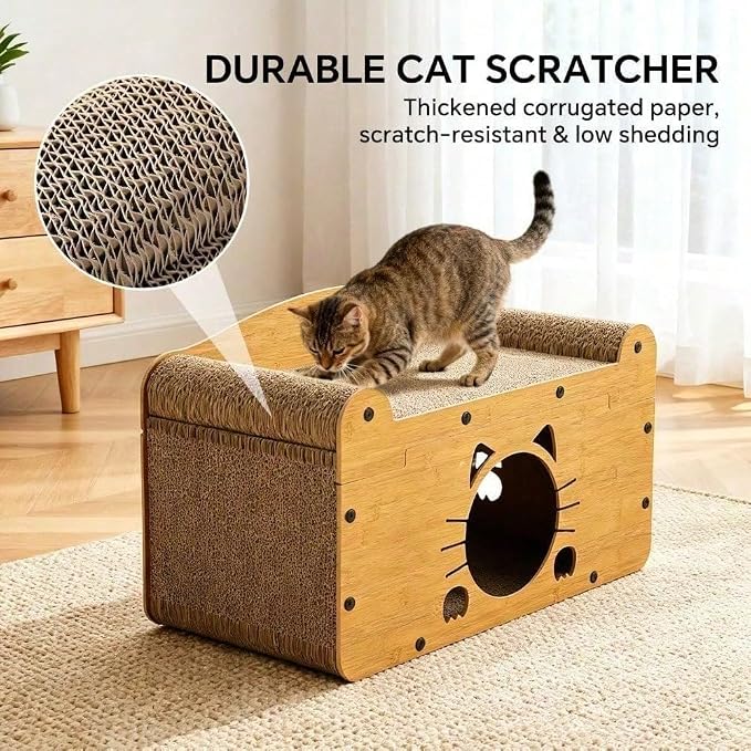 3-in-1 Scratcher Cat House – Save Your Furniture Combines Play Cave, Cozy Bed & Scratching Pad. Durable Cardboard, Reduces Stress. Ideal for Indoor Cats Who Love to Scratch, Play & Nap (FX-SFHXM)