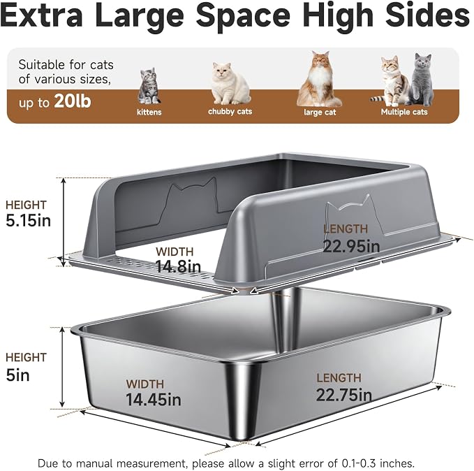 High-Sided Stainless Steel XL Cat Litter Box for Cats | High-Sided Design Prevents Urine Leakage,Non-Stick,Easy to Clean,Includes Scoop,Dark gray