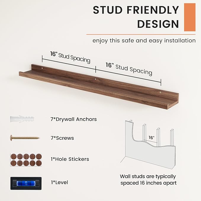 Picture Ledge Shelf, Floating Shelves for Wall, 40" W Set of 2, Walnut | FSC Certified Engineered Wood, Wall Mounted Bookshelf, for Nursery Living Room Bedroom, Pre-Drilled, Easy Install