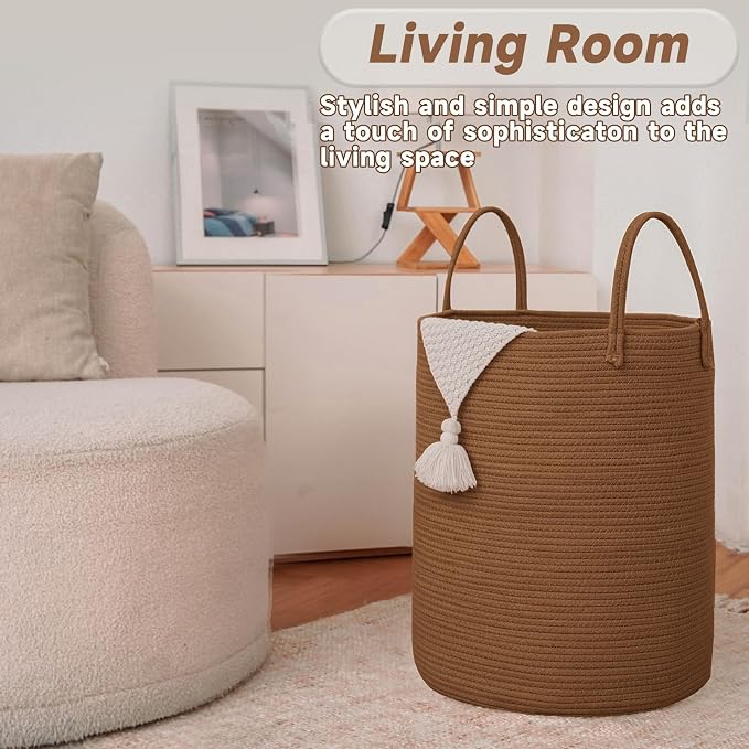 JMvicyroam 100L Cotton Rope Laundry Basket Hamper, Golden Jute | Collapsible laundry basket, reinforced handles, freestanding, machine washable, holds 3-5 thick blankets, clothes or toys