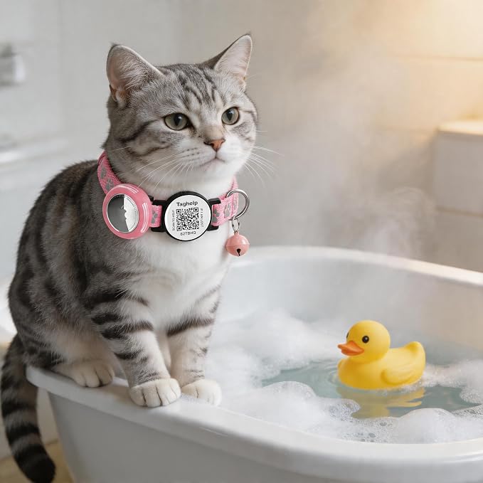 Waterproof Breakaway Cat Collar with Paw Prints - Secure Apple AirTag Holder, Smart QR Code Tag for Instant Location Alerts (No App), Adjustable GPS Tracker Collar for Cats (Pink)