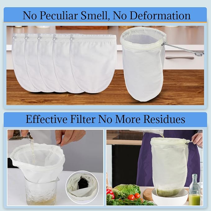 Fine Mesh Strainer, 6Pcs Reusable Cloth Strainer Bags with Stainless Steel Handle, Nut Milk Bag, Juice Strainer for Kitchen