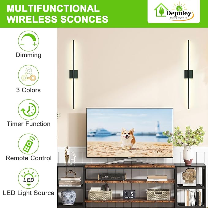 Depuley Wall Sconces Battery Operated: Set of 2 Wireless Wall Lights with Remote for Bedroom - Rechargeable 15 Colors Black Wall Lamp for Living Room Hallway Home Decor