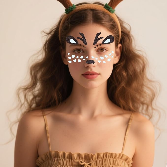 Christmas Elk Glitter Face Tattoo Stickers for Kids - Self-Adhesive Temporary Body Art Makeup for Halloween,Cosplay, Festival - Waterproof Fake Tattoo Stickers - 2Pcs (Reindeer & Elk)