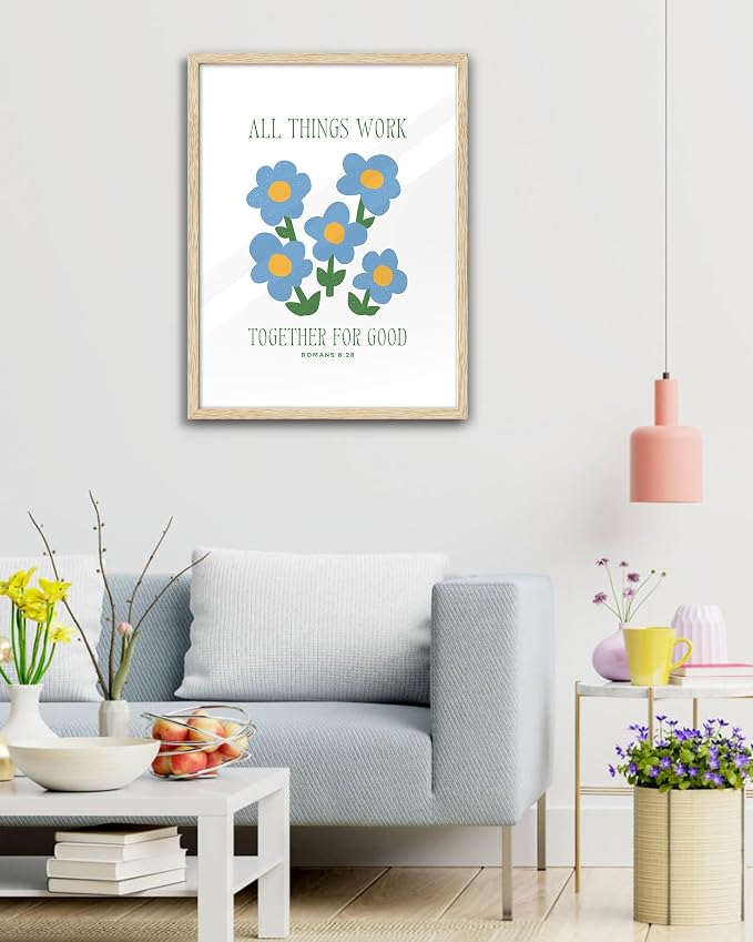 EcoHest 16x20 in Romans 8:28 All Things Work Blue Floral Christian Wall Art | Solid Oak Wood Frame with Canvas Wall Art, Scripture Bible Verse Decor for Bedroom, Living Room, Office, Church, 1Pack
