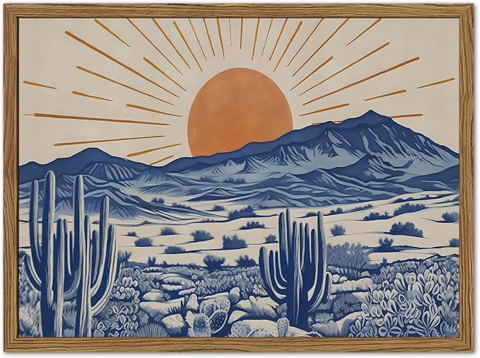 Vintage Western Desert Wall Art Boho Mexican Cactus and Sun Wall Decor Painting, Abstract Blue Southwestern Landscape Poster Canvas Prints Artwork for Living Room Bedroom 16x24 inch Wood Framed