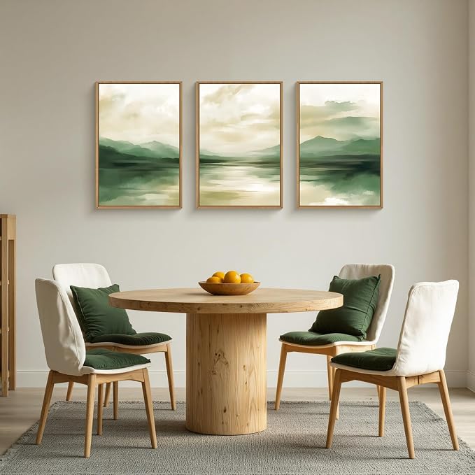 FWIEXA Sage Green Abstract Canvas Wall Art Set of 3, Framed Beige White Landscape Painting, Neutral Watercolor Mountain Prints, Nature Mountains Lake Prints, 24x36In Artwork for Living Room, Bedroom