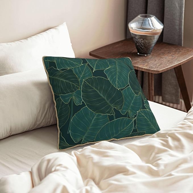 Green Gold Leaf Velvet Pillow Covers 18x18 Inch Minimalist Tropical Palm Leaves Throw Pillows for Couch Farmhouse Cushion Covers Pillowcase Plant Botanical Pillow Cases for Sofa Bed Outdoor Decor