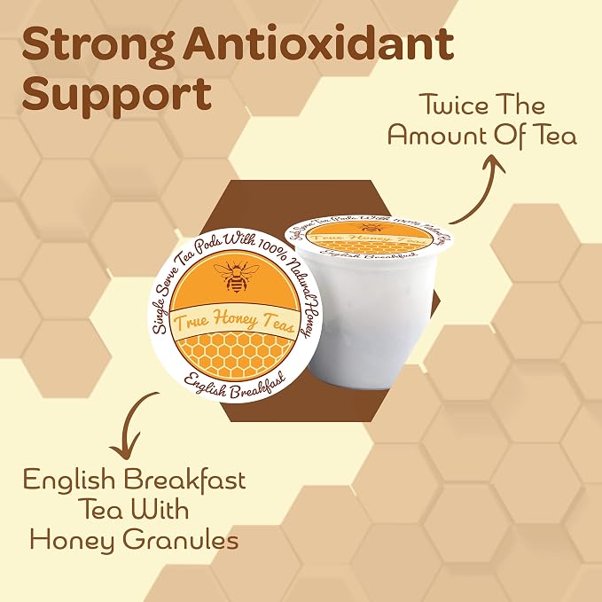True Honey English Breakfast Tea Pods - Honey Crystals Blended in Every Tea Pod - Strong Antioxidant Support - All Natural Organic Herbal Caffeinated Tea 22 Count