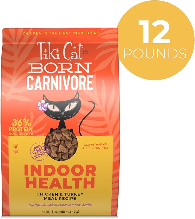 Tiki Cat Born Carnivore Indoor Health, Chicken & Turkey Meal, 12 lbs Bag | Formulated for Indoor Cats, Crunchy Kibble Texture, Real Animal Protein, Non-GMO Ingredients, Minimally Processed