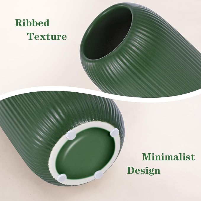 Ceramic Vase for Flowers – Modern Small Ribbed Textured Flower Vase for Home Decor, Pampas Grass, Decorative, Farmhouse, Coffee Table, Kitchen Centerpieces, Bookshelf and Home Living(Green)