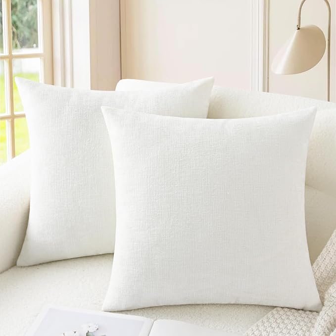 CaliTime Decorative Couch Throw Pillow Covers 18 X 18 Inches True White | Pack of 2, Cozy Chenille Cushion Cases for Sofa Bed Living Room Farmhouse Home