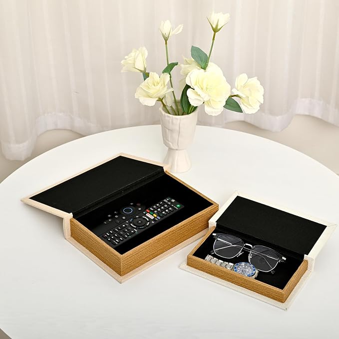 DECOR4SEASON Decorative Faux Book Storage Boxes Set of 2, Linen Fabric Textured Books, Off White, Modern Minimalist Home Decor, Bookshelf Accents for Coffee Table