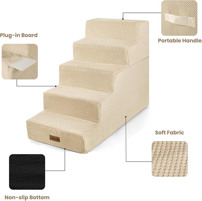 Aodisman Dog Stairs for High Beds 22.6" H, 5-Step Pet Steps for Small Dogs | Indoor Non-Slip Pet Stairs with Carry Handle for Puppies, Senior Cats & Short-Legged Dogs to Reach High Beds & Window Sills