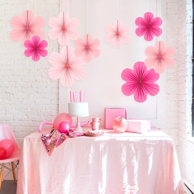 SUNBEAUTY Paper Flowers Decoration, Set of 9 - Hot Pink Paper Flower for Wall Hanging Ornaments, Party Fans & Floral Backdrop for Weddings Baby Showers Birthdays Valentine Mother's Day & More