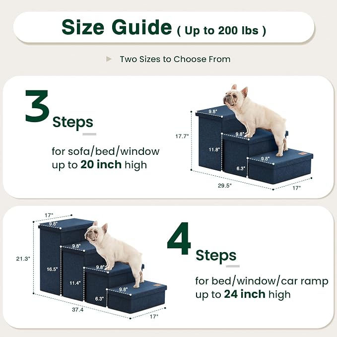Love's cabin Dog Stairs for High Bed, Foldable Pet Stairs for Small Medium or Large Dogs Puppy with Storage for Bed or Couch, Cat Dog Steps Ramp with Zip up to 200 lbs, Navy Blue, 3 Steps