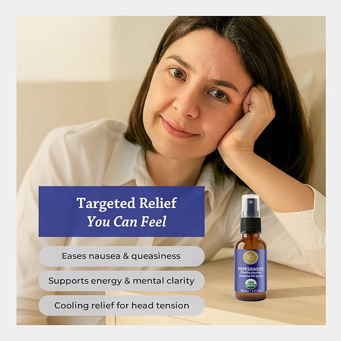 Silk Road Organic Peppermint Essential Oil Spray for Head Tension, Nausea, Morning Sickness, Energy & Focus - 1 oz. USDA Certified Aromatherapy Spray - Always Pure, Always Organic