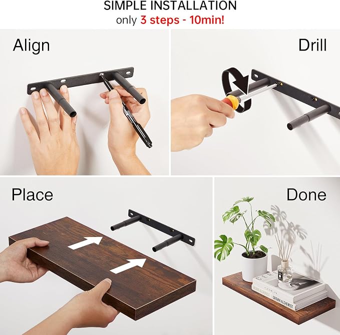BAYKA Rustic Brown Bathroom Floating Shelves, 15.7in, 3Pk, Wall Mount Shelf | 22lbs Max Load, Hidden Bracket, for Living Room Bedroom Kitchen Display Storage Decor, Easy Install, Multi-Wall Compatible