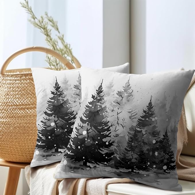 Kawani Winter Trees Throw Pillow Covers 22x22 Inch Set of 2 Grey Pine Tree Snow Forest Square Pillowcase Cotton Linen Cushion Cover for Couch Sofa Room Indoor Outdoor Holiday Decor