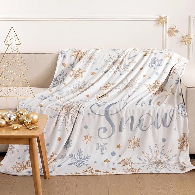 60 x 80 Inch Christmas Let It Snow Plush Throw Blanket Winter | Soft Flannel with Snowflake Let It Snow Design, Cozy Fleece for Sofa Bed Couch, Holiday Winter Home Decor Gift Idea