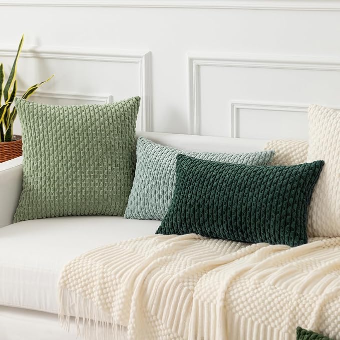 Kevin Textile Soft Corduroy 12"x24" Lumbar Pillow Cover 1 Pack, Army Green | Boho Stripe Plush Corduroy Decorative Oblong Cushion Cover Modern Farmhouse Home Decor for Sofa Couch Bed Chair