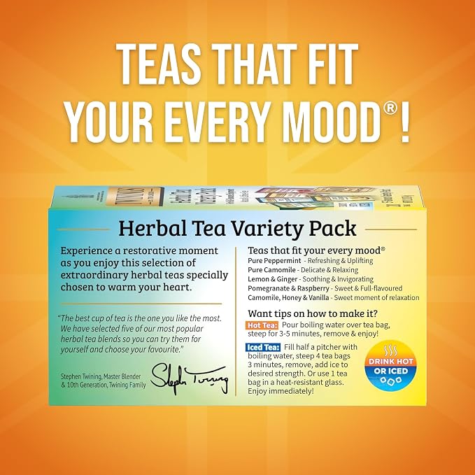 Twinings Herbal Tea Variety Pack, 20 Count (Pack of 6), Formerly Assorted Herbal, Includes 5 Flavours, Naturally Caffeine-Free, Enjoy Hot or Iced, 120 Teabags