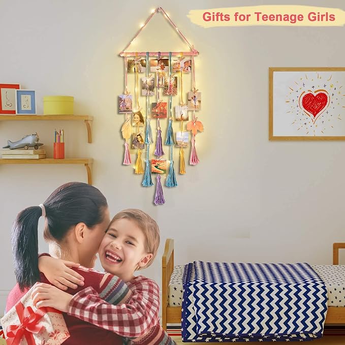 Room Decor for Teen Girls, Hanging Photo Display Macrame Picture Collage Wall Decor, Boho Decor for Bedroom Apartment Dorm Room with Remote Light, Christmas Birthday Gifts for Teenage Girls