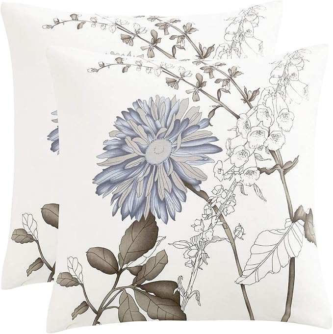 Wake In Cloud - Floral Pillow Cases, 100% Cotton Fabric, Vintage Flower Shabby Chic Farmhouse Botanical, Set of 2 Pillowcases Pillow Shams Covers, Gray Beige, European Size 26x26 Inches