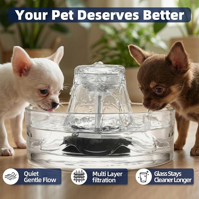 Glass Cat Water Fountain 88oz/2.6L, Cat & Dog Water Fountain for Drinking, Ultra-Quiet Glass Water Fountain for Cats Indoor, Pet Water Fountain for Multi-Cat Homes, Automatic Water Dispenser for Cats