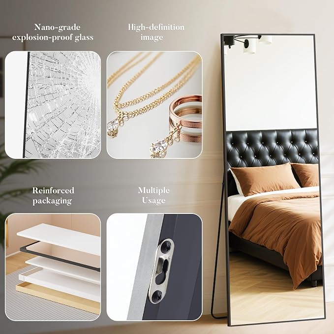 DUMOS 63"x20" Full Length Floor Mirror, Full Body Mirror | Free Standing or Wall Mount, Nano Glass Aluminum Frame, Hanging or Leaning, Modern Simple Home Decor, Black