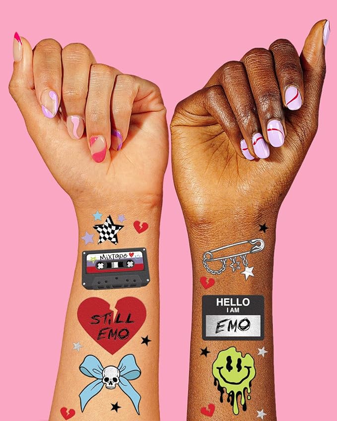 xo, Fetti Emo Temporary Tattoos - 54 Styles | Birthday Decorations, Grungy Accessory, Party Favors, Goth, Punk Rock, Dark Aesthetic, Sad Girl Accessories, Music Festival, Concert, Emo Night Supplies