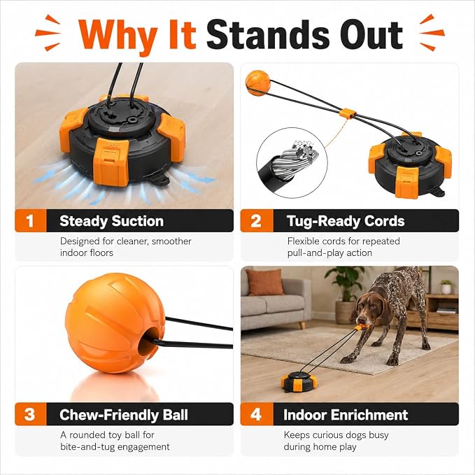 Interactive Dog Tug of War Toy for Aggressive Chewers, Suction Cup Chew Toy for Medium & Large Dogs to Keep Them Busy, Heavy Duty Dog Boredom Toy with Steel Wire Rope, Orange